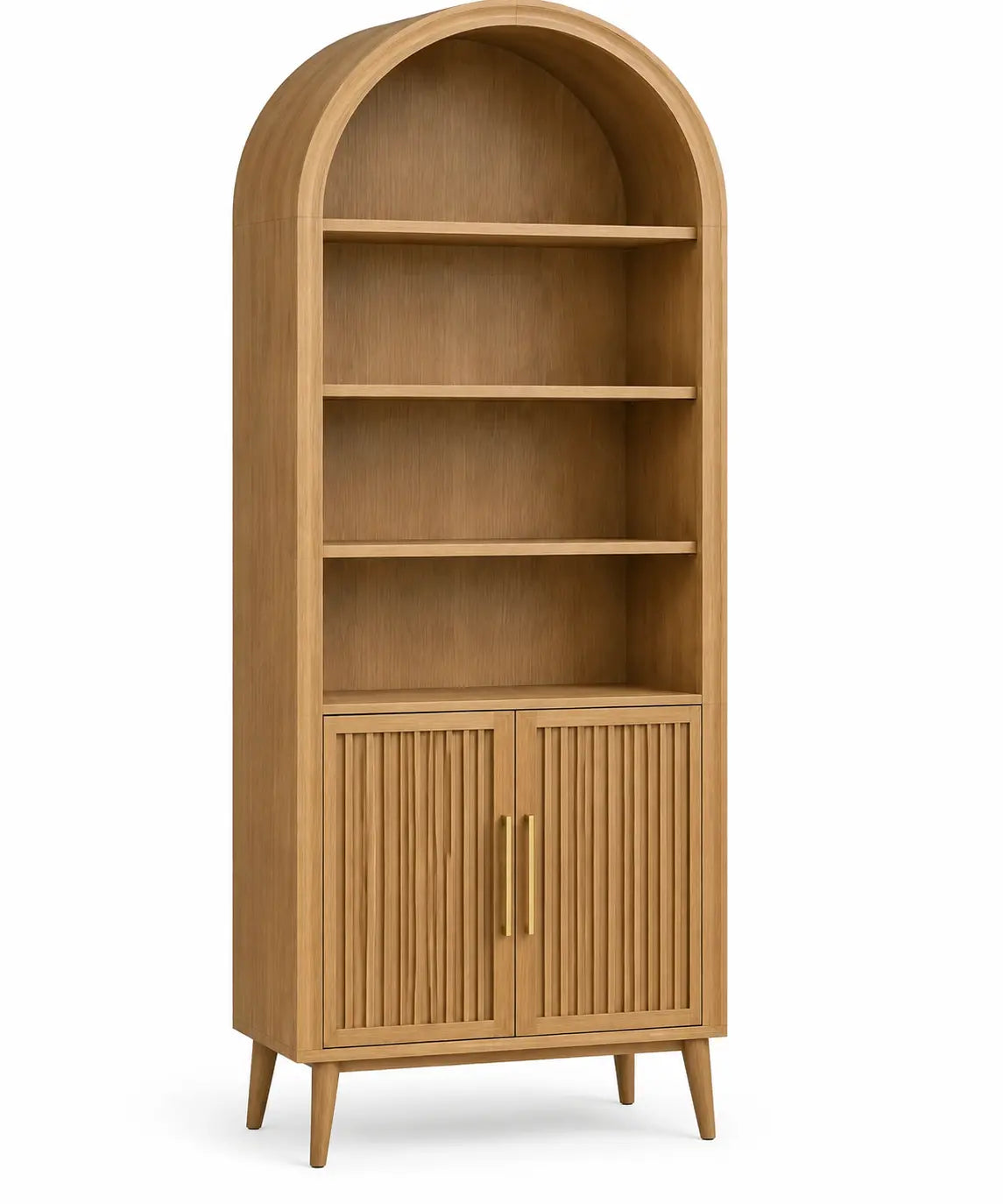 Estantería con almacenamiento con formas arqueadas y detalles de líneas verticales, marrón