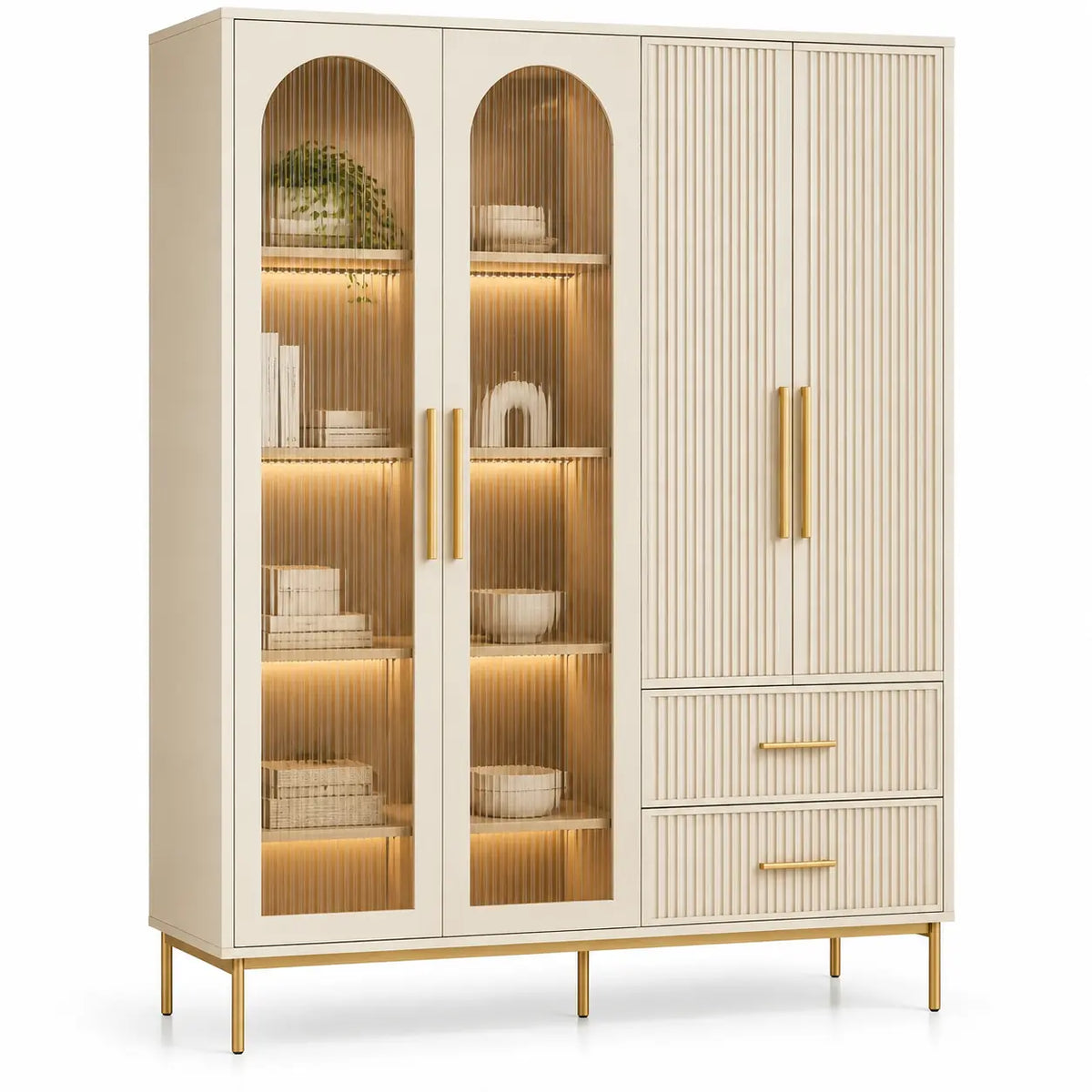 Armario de almacenamiento con puertas acristaladas y detalles de líneas verticales, blanco y marrón
