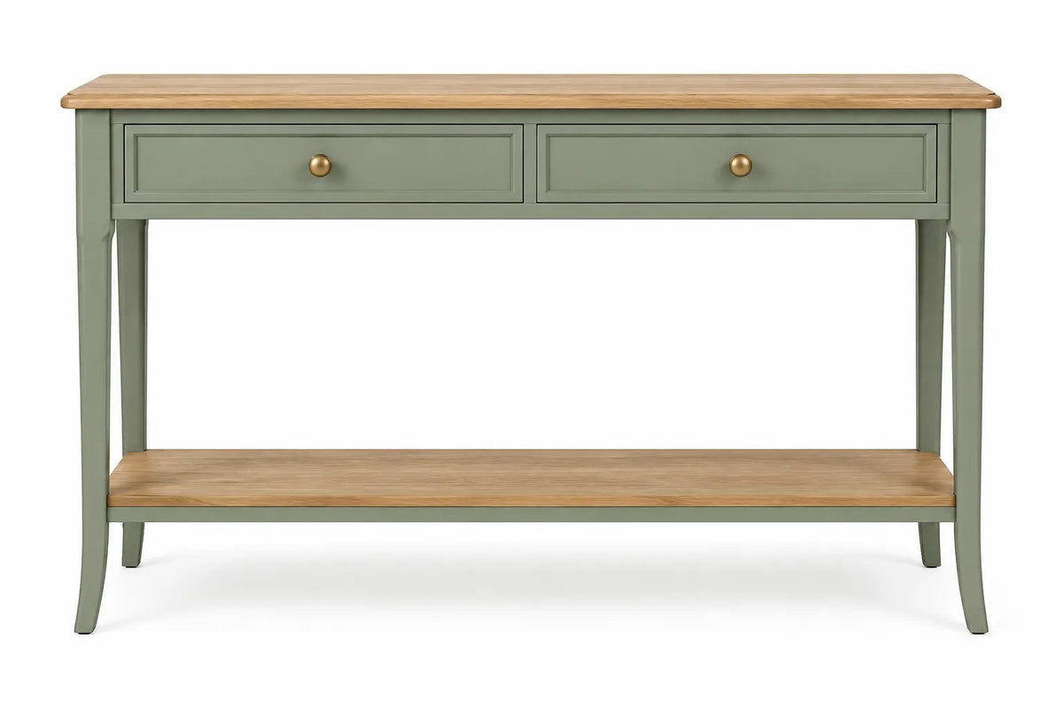 Consola de recibidor con cajones y estantes, verde y marrón