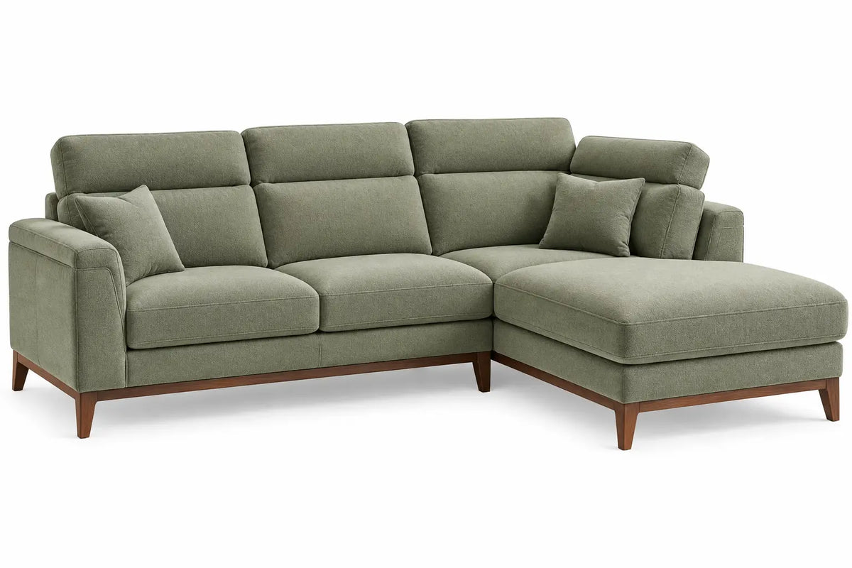 Sofá esquinero tapizado con botones decorativos, verde y marrón
