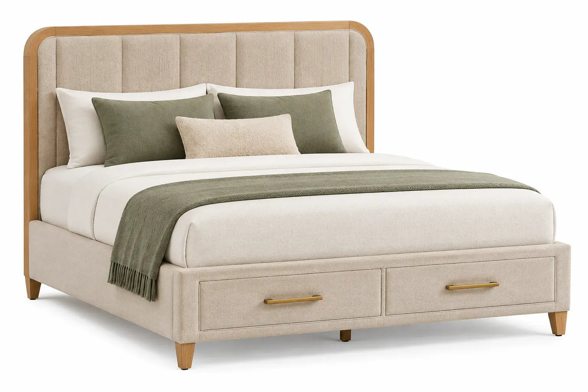 Estructura de cama con cabecero con acolchado acanalado y cajones, beige y marrón