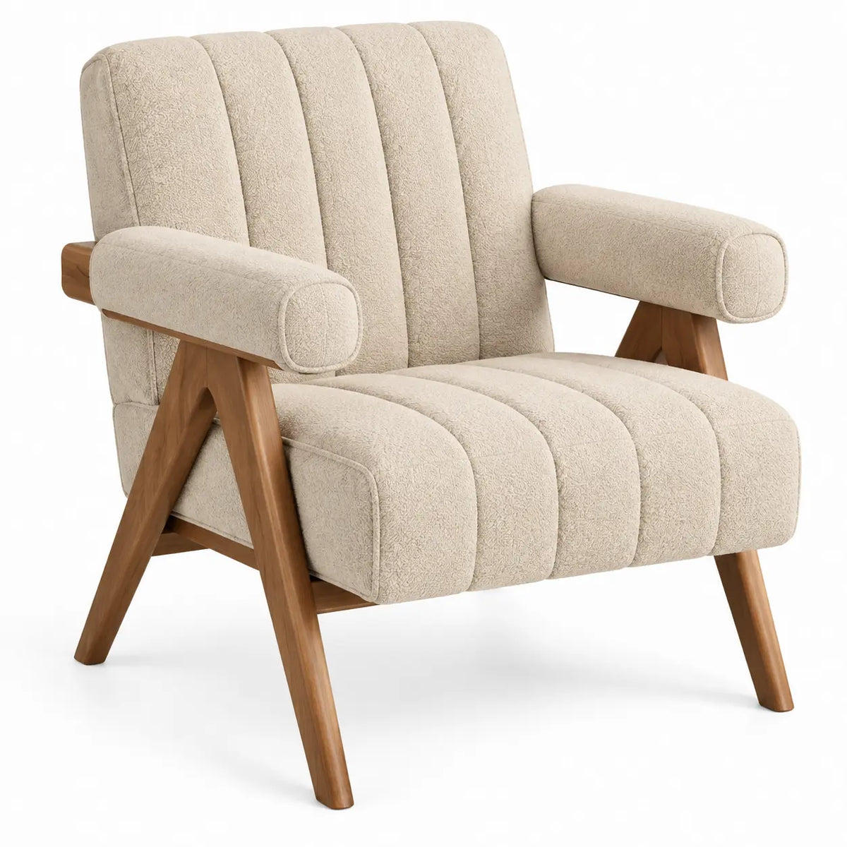 Sillón tapizado con acolchado acanalado y detalles cruzados, beige y marrón