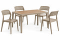 Conjunto de mesa y cuatro sillas con superficie rectangular, beige y marrón