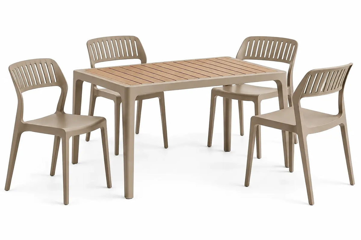Conjunto de mesa y cuatro sillas con superficie rectangular, beige y marrón