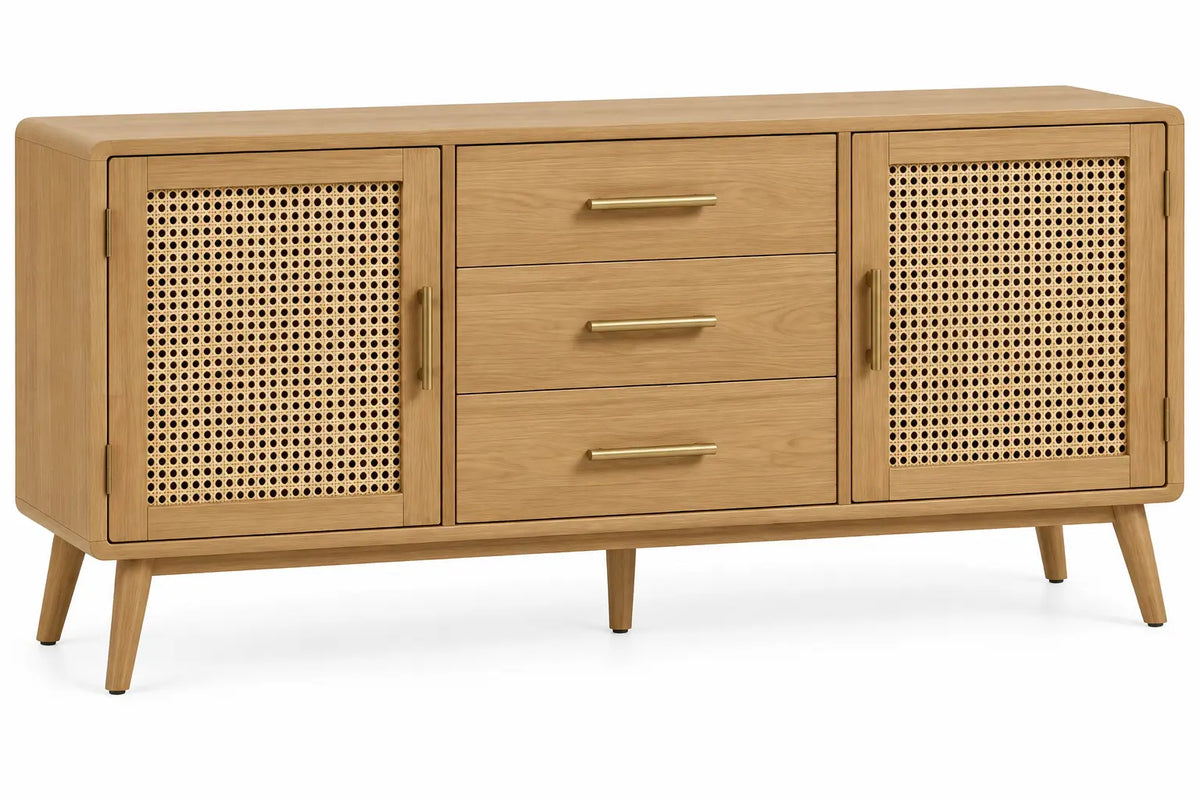 Aparador de almacenamiento con detalles de entramado y cajones, marrón