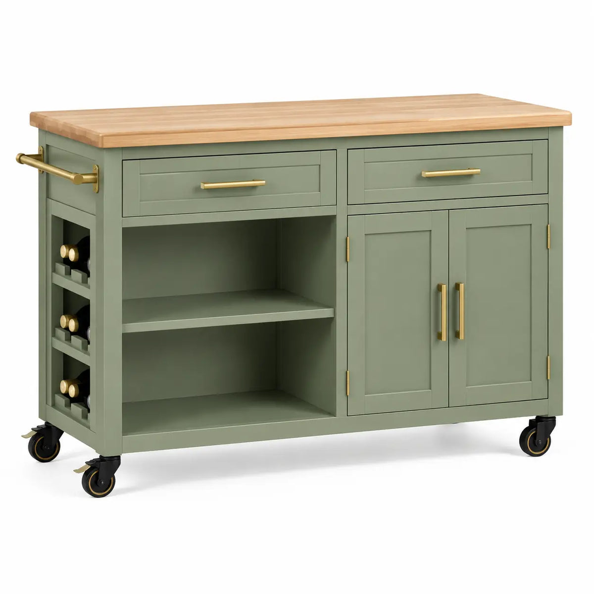 Mueble auxiliar de cocina con ruedas con cajones y estantes, verde y marrón